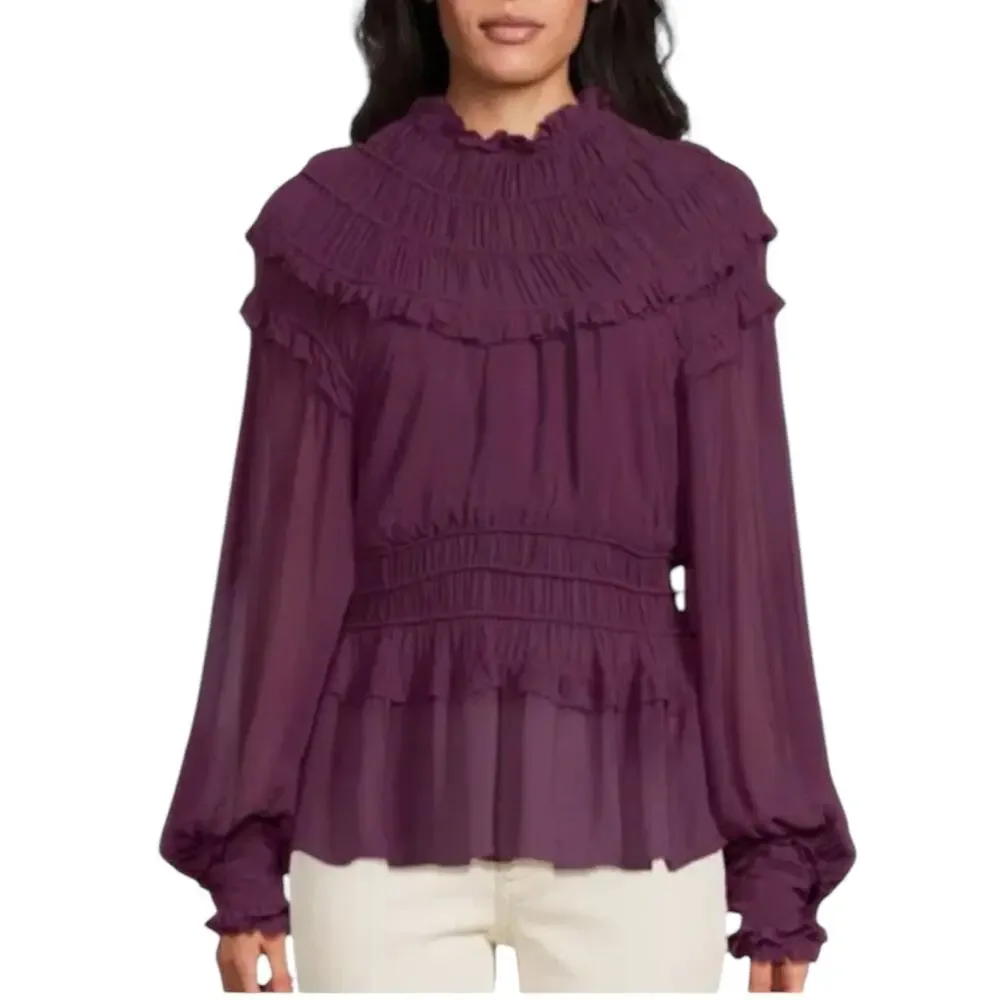 NWT Farm‎ Rio Chiffon Ruffled Blouse in Bordeaux - Sz Large - Picture 3 of 15